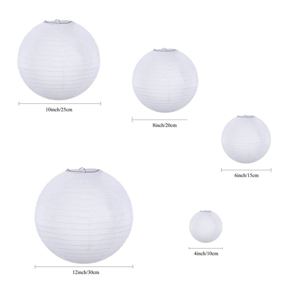 White round paper hanging lanterns shown with size measurements and metal hanging loops