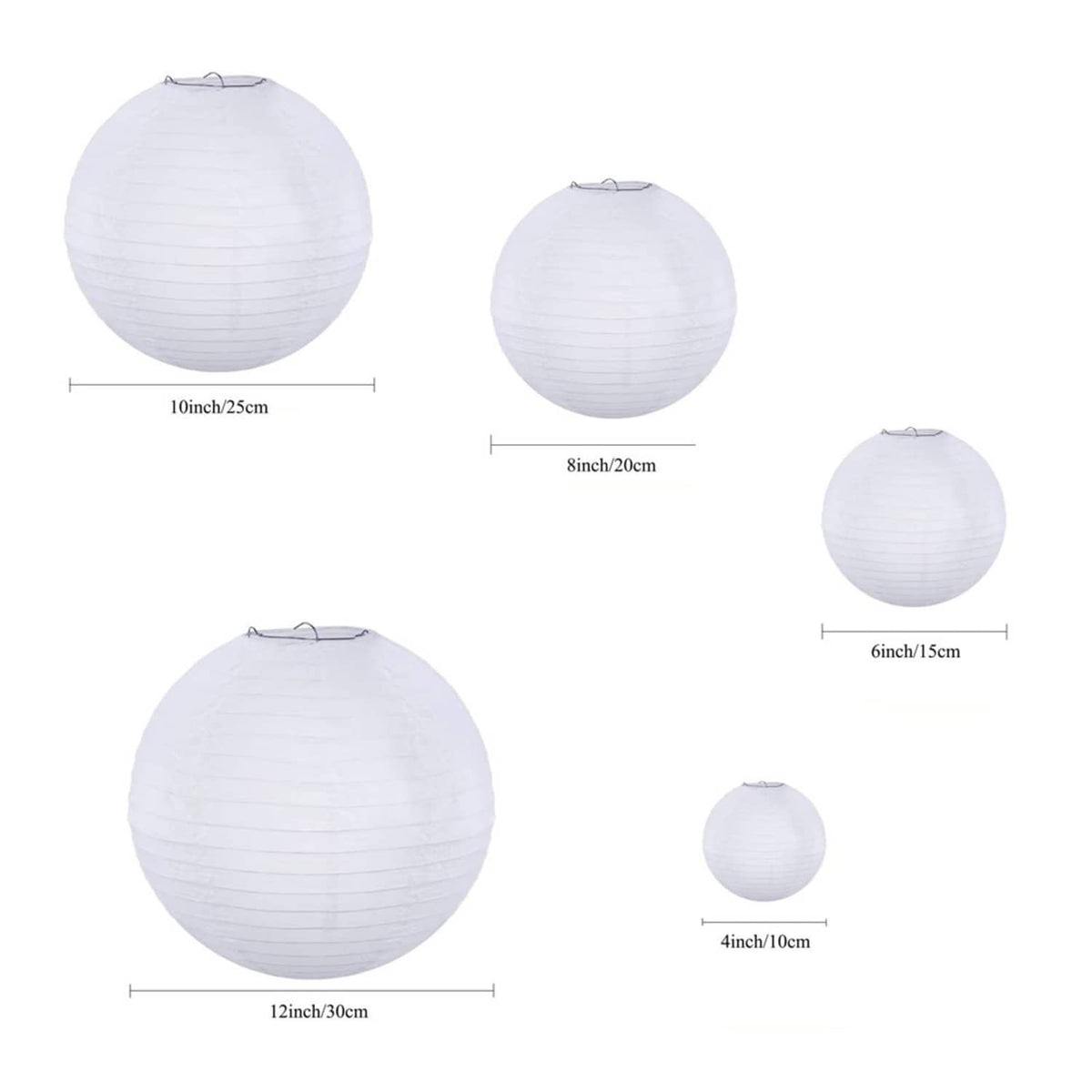 White round paper hanging lanterns shown with size measurements and metal hanging loops
