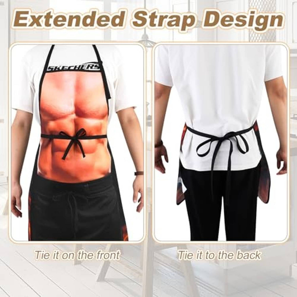 Black apron with orange muscular torso print and front/back tie waist straps