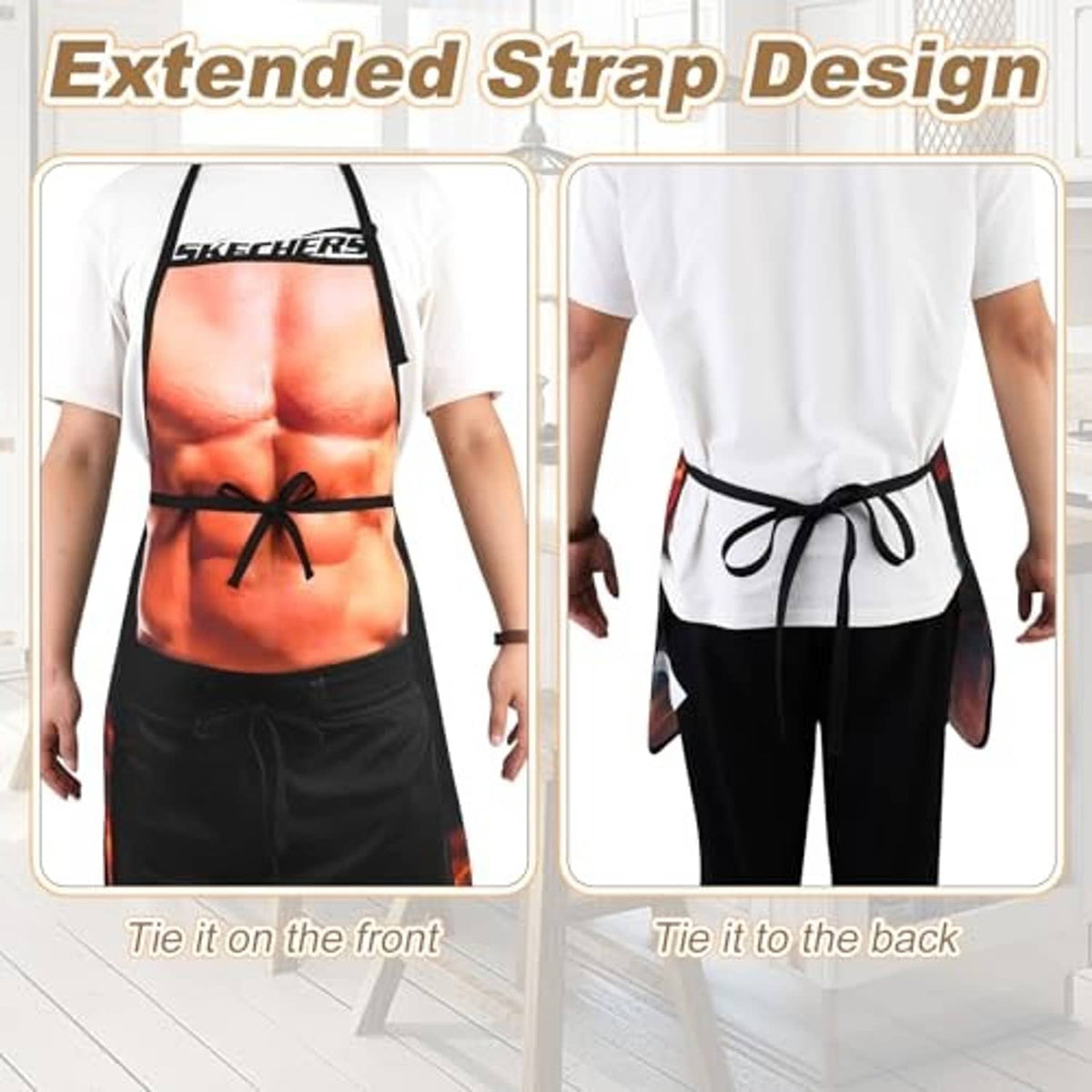 Black apron with orange muscular torso print and front/back tie waist straps
