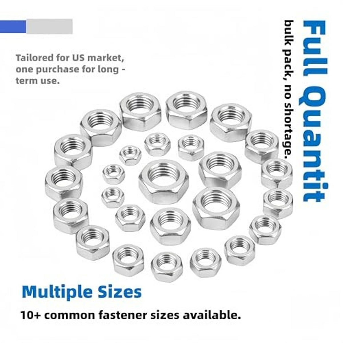 Assorted stainless steel hex nuts, polished silver, bulk pack with threaded holes