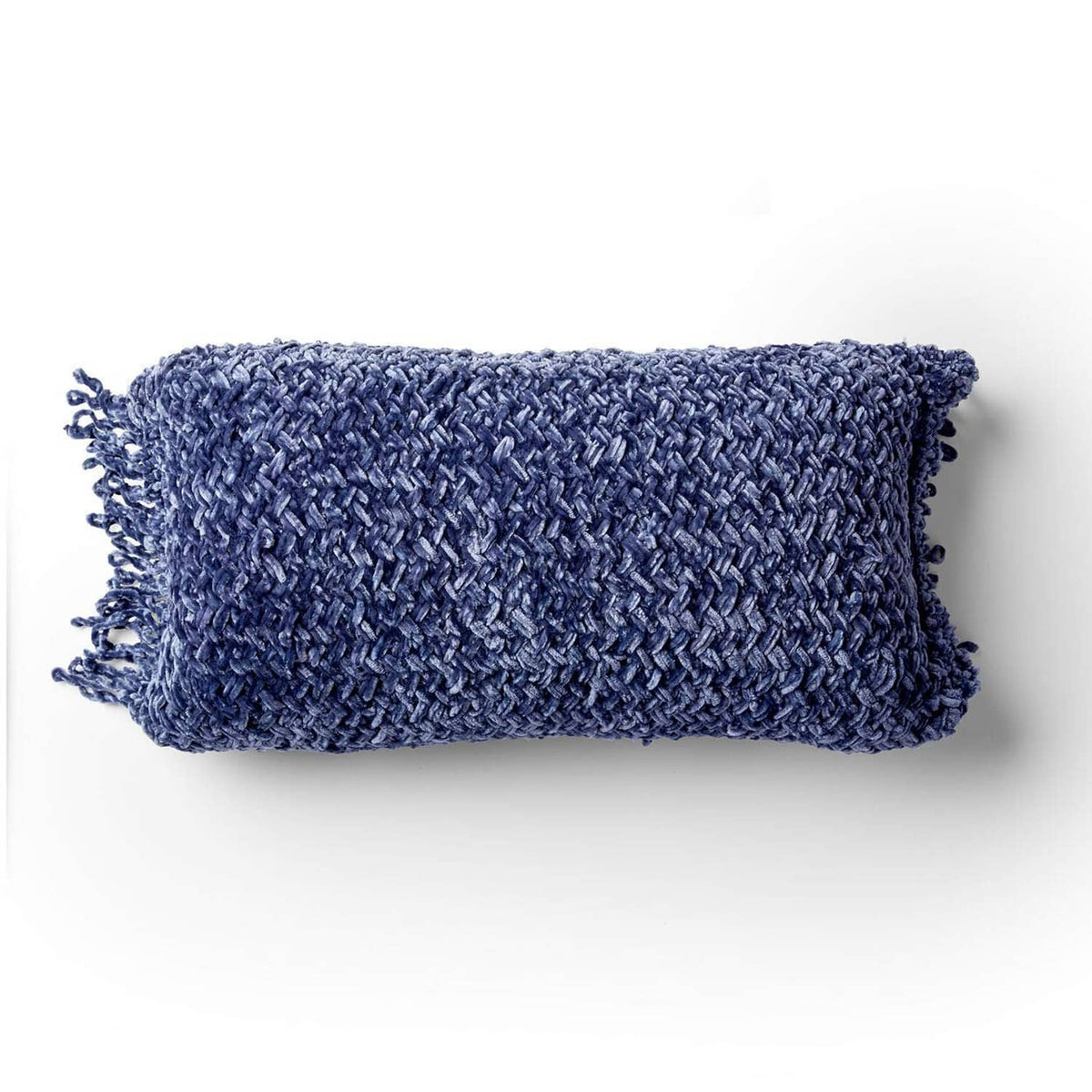 Blue textured knit scarf with frayed edging and tassel ends