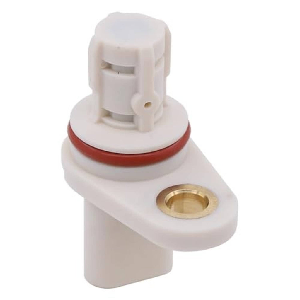 Camshaft position sensor with white housing, red sealing ring, and gold threaded insert