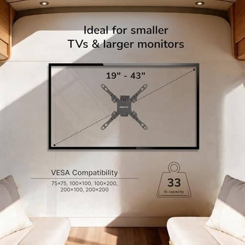 RV TV wall mount with dual wall plates showing VESA compatible arm spacing