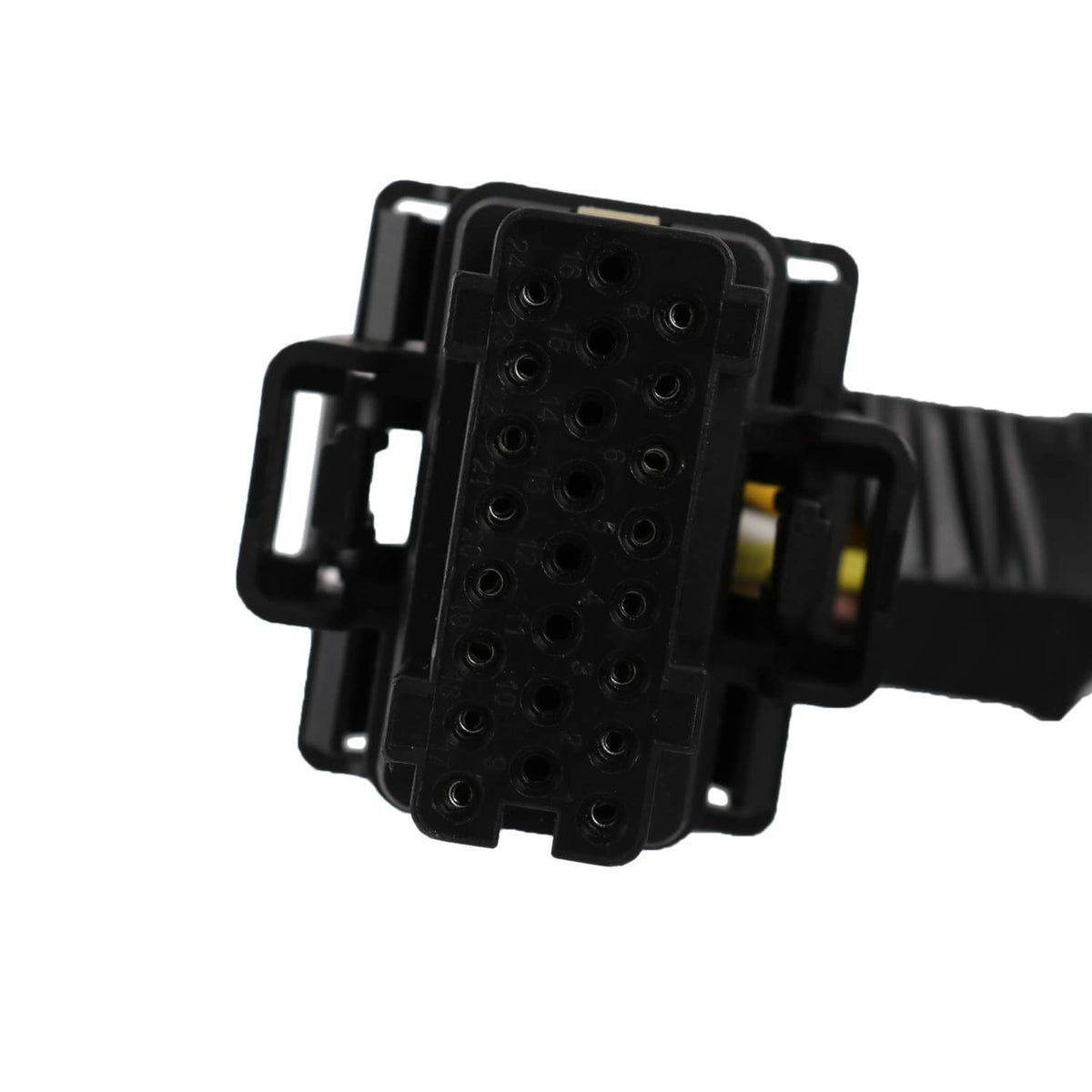 Engine wire harness connector module with black housing and pin holes