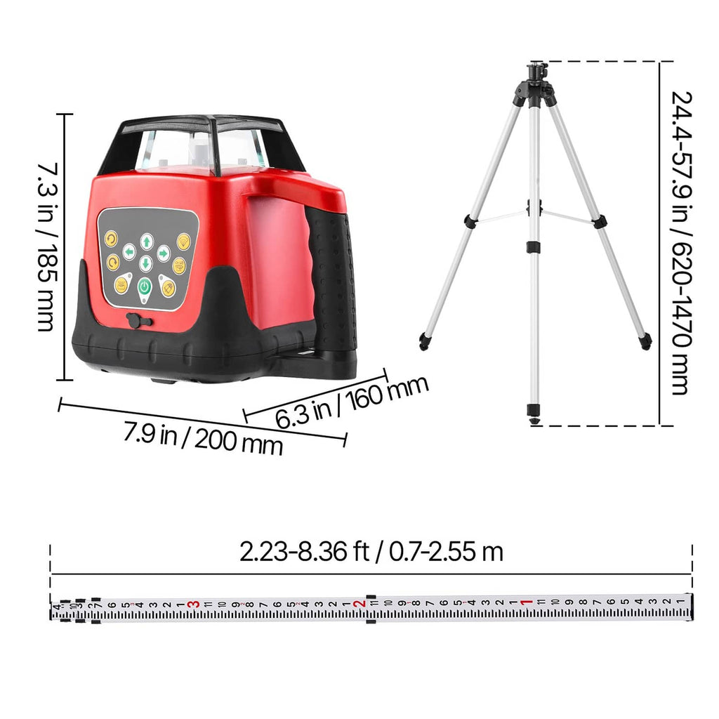 Red and black rotary laser level with tripod alongside size dimension graphics