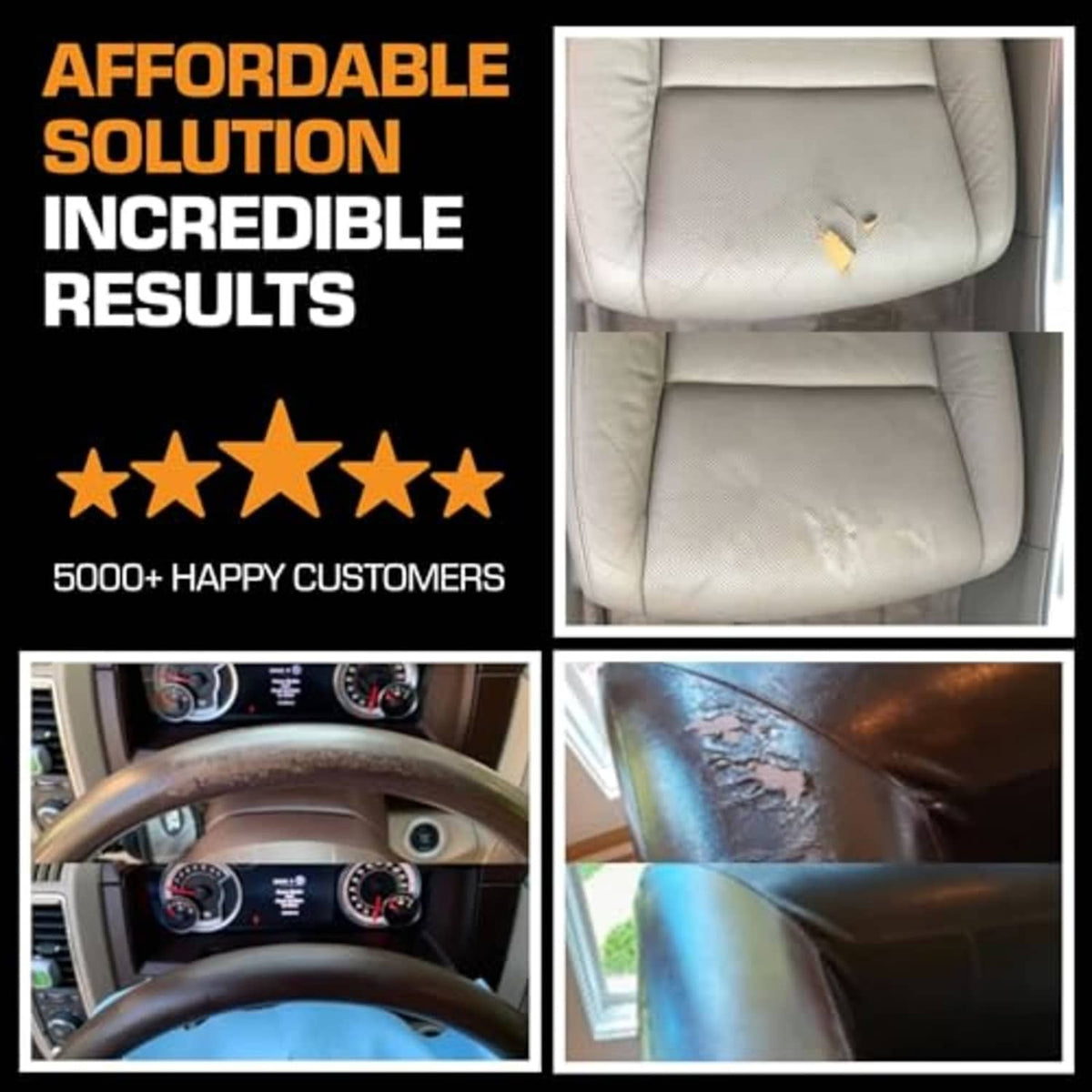 Leather and vinyl repair results collage showing chair damage before and after