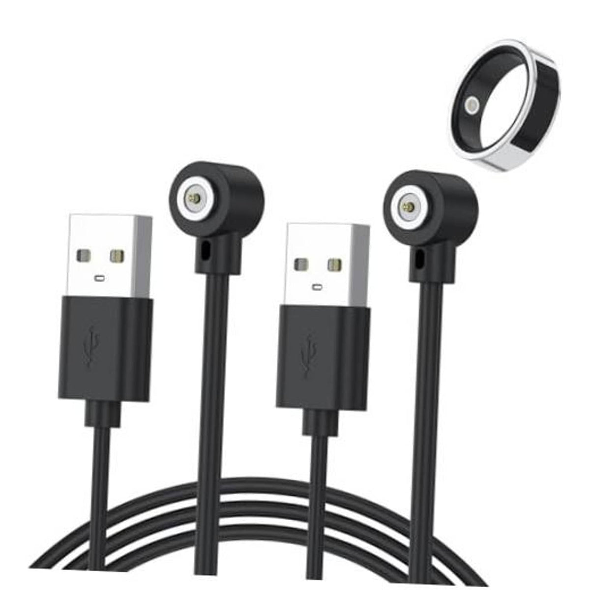 Black USB-A charging cable with two magnetic ring port connectors