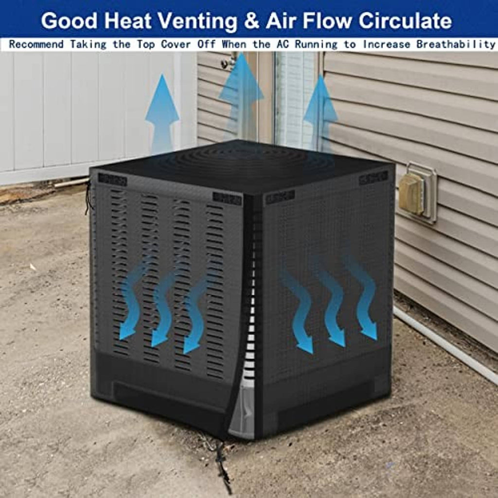 Black mesh AC unit cover with vented sides for airflow circulation