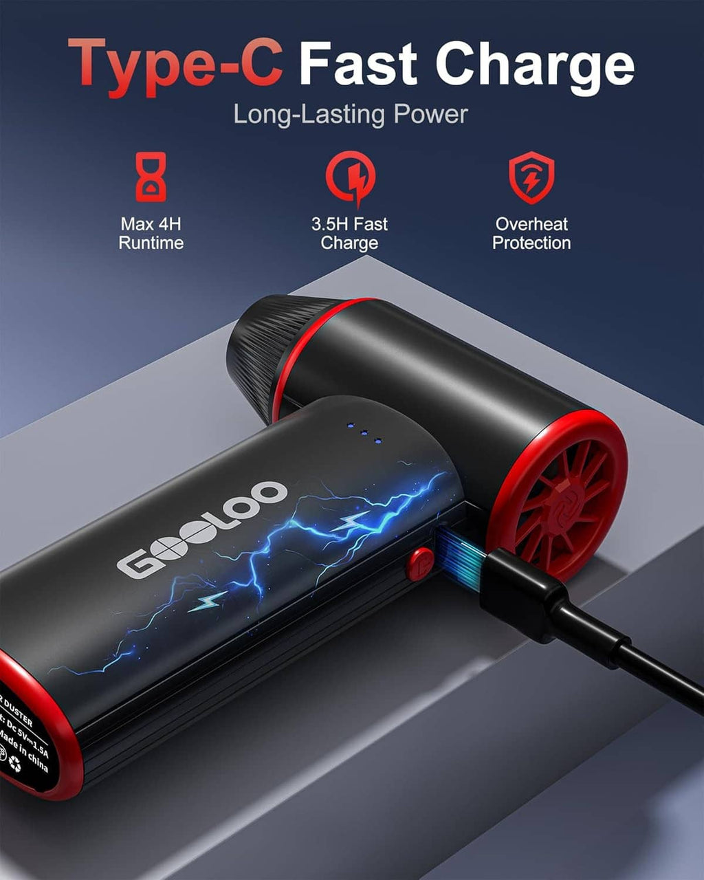 Handheld air duster with Type-C charging cable and blue indicator lights, black and red