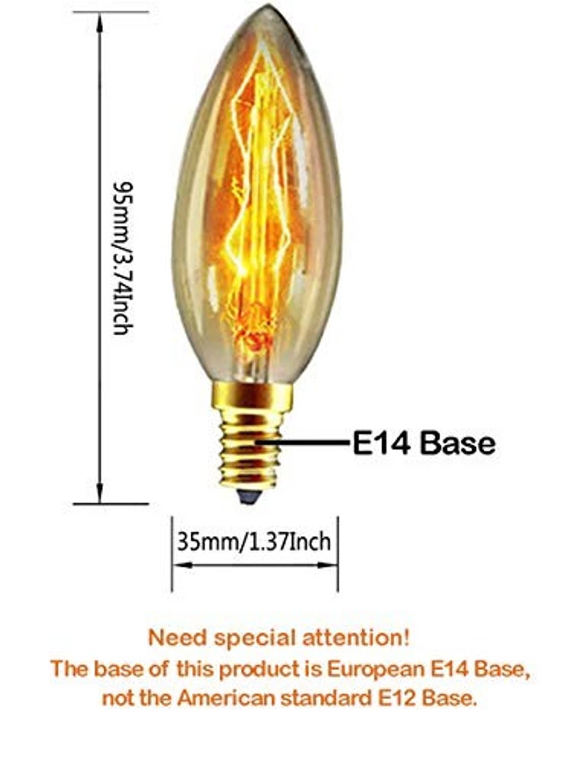 C35 LED bulb with E14 base shown with size dimensions diagram.