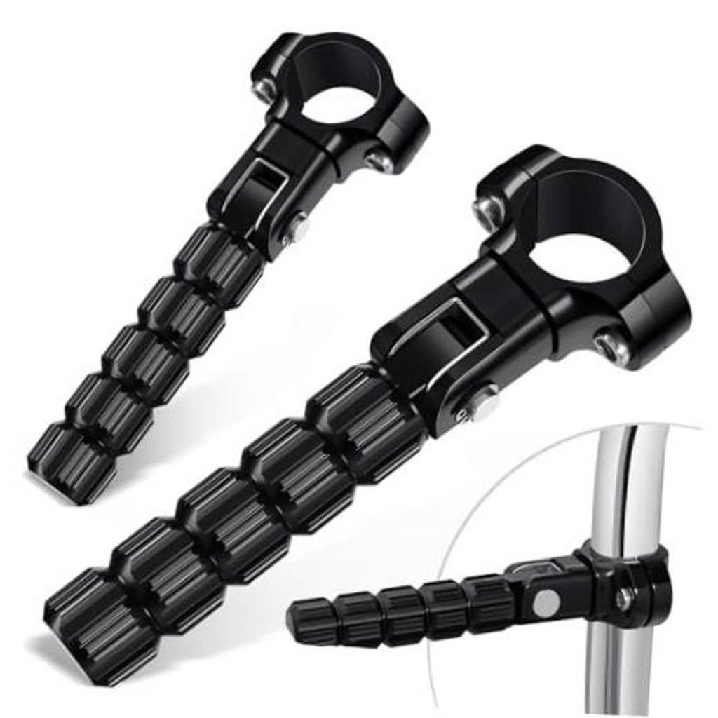 Black CNC motorcycle foot pegs with knurled grip and U-bolt clamp mounts