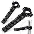 Black CNC motorcycle foot pegs with knurled grip and U-bolt clamp mounts
