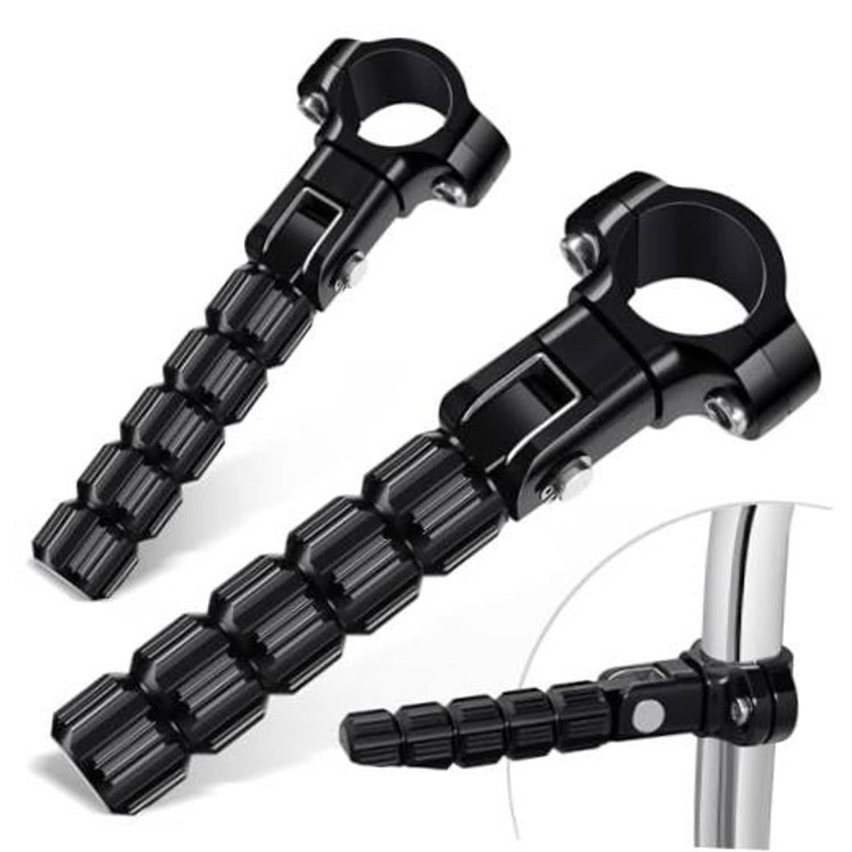 Black CNC motorcycle foot pegs with knurled grip and U-bolt clamp mounts