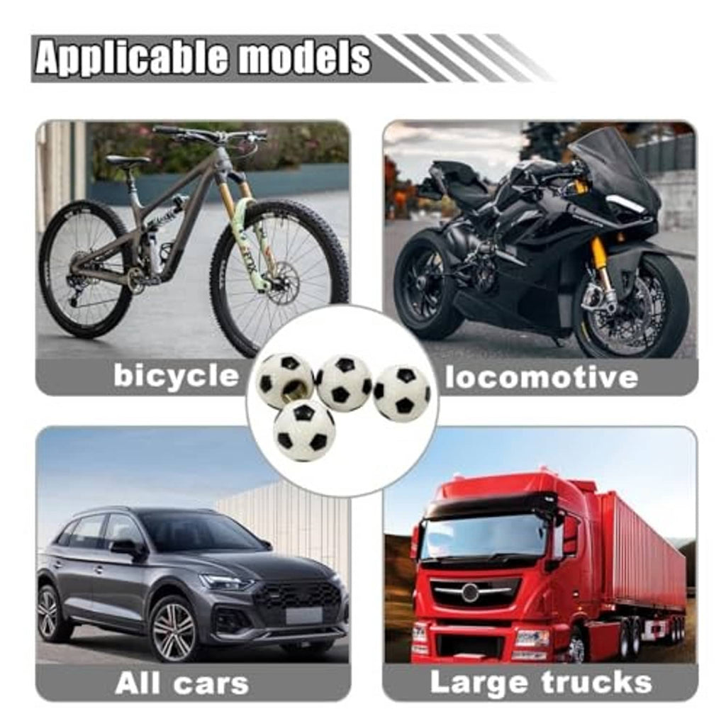 Four black-and-white soccer ball valve stem caps displayed together over vehicle model icons.