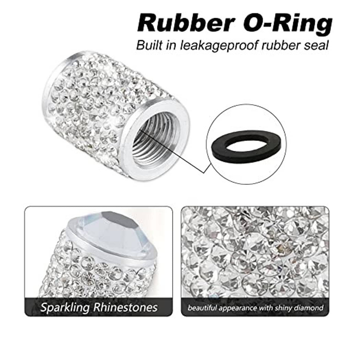 Crystal rhinestone tire valve cap with rubber O-ring seal and silver threaded inlet