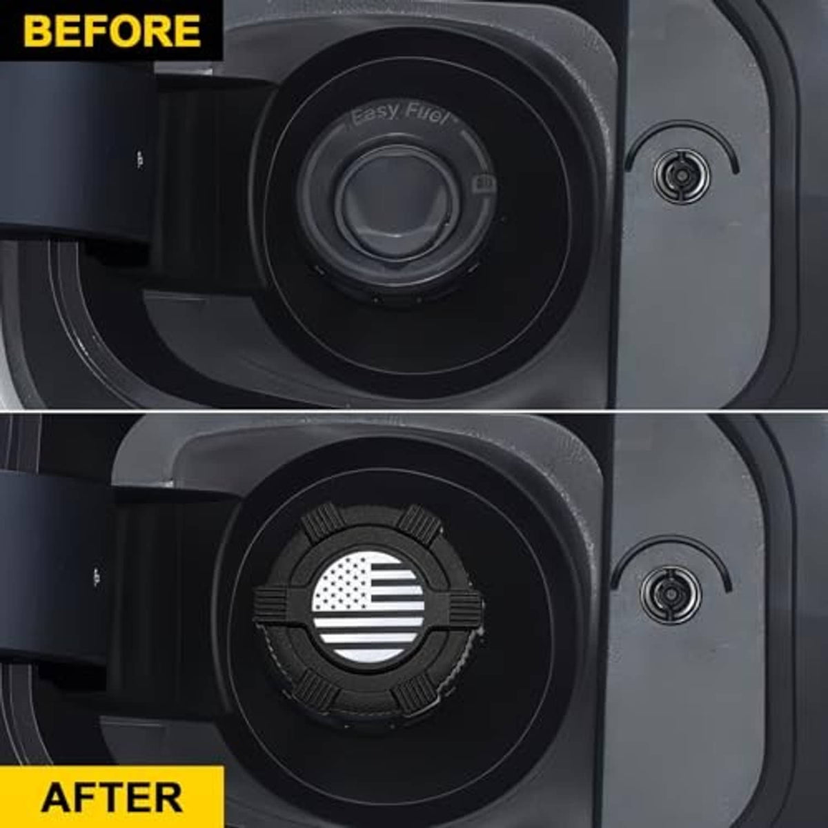 Fuel filler opening with US flag dust cover installed; before and after view