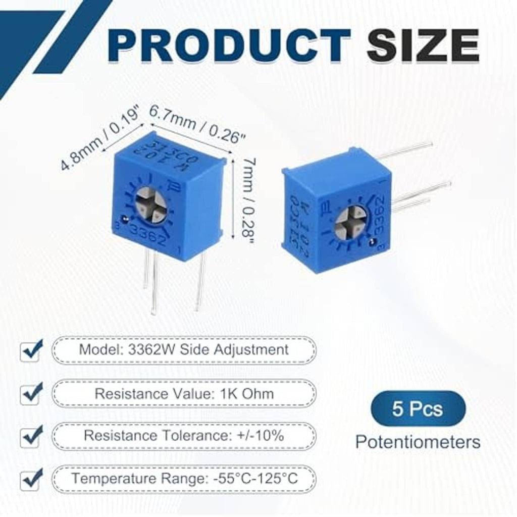 Two blue 3362W side-adjust trimmer potentiometers with three leads, product-size view