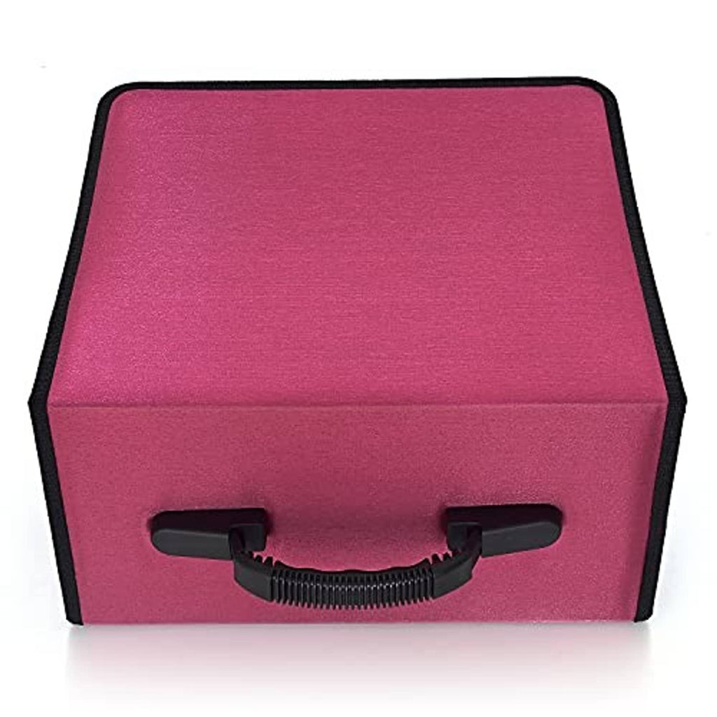 Red CD/DVD organizer case front with textured fabric and black handle grips.