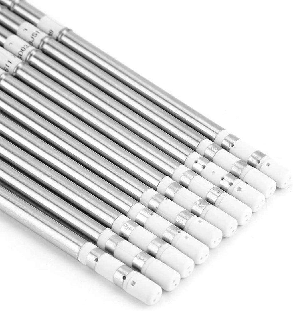 Line-up of soldering iron replacement tips with pointed ends and white plastic bases