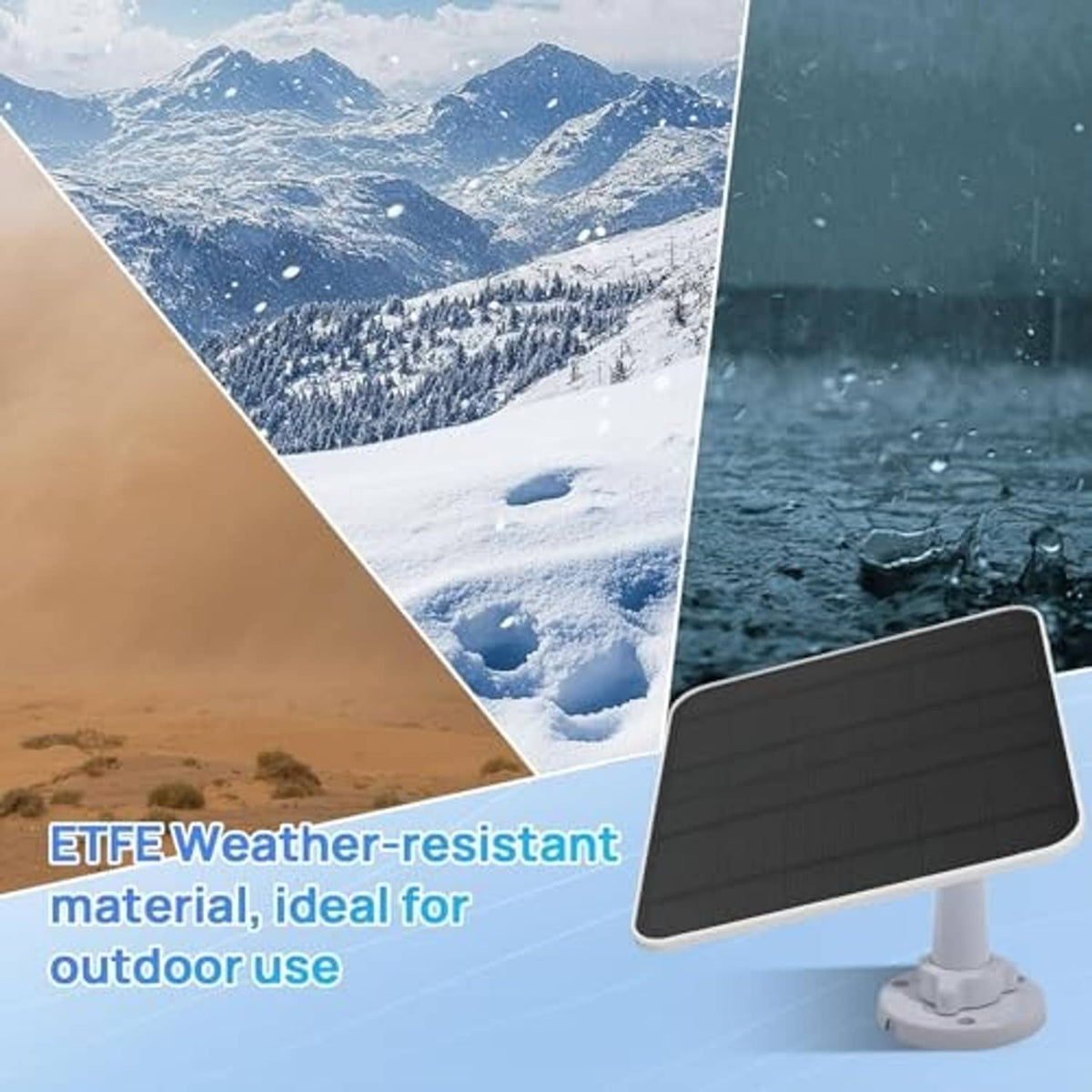 Weather-resistant black solar panel with adjustable mounting base and cable
