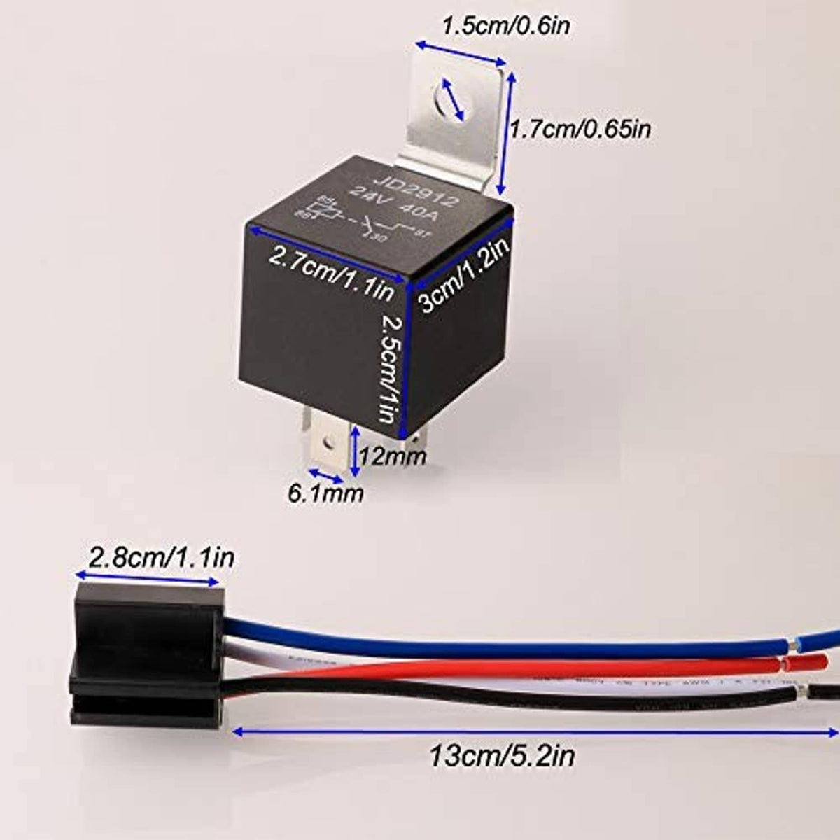 Black 24V relay harness with labeled dimensions and red/blue wire connector ends