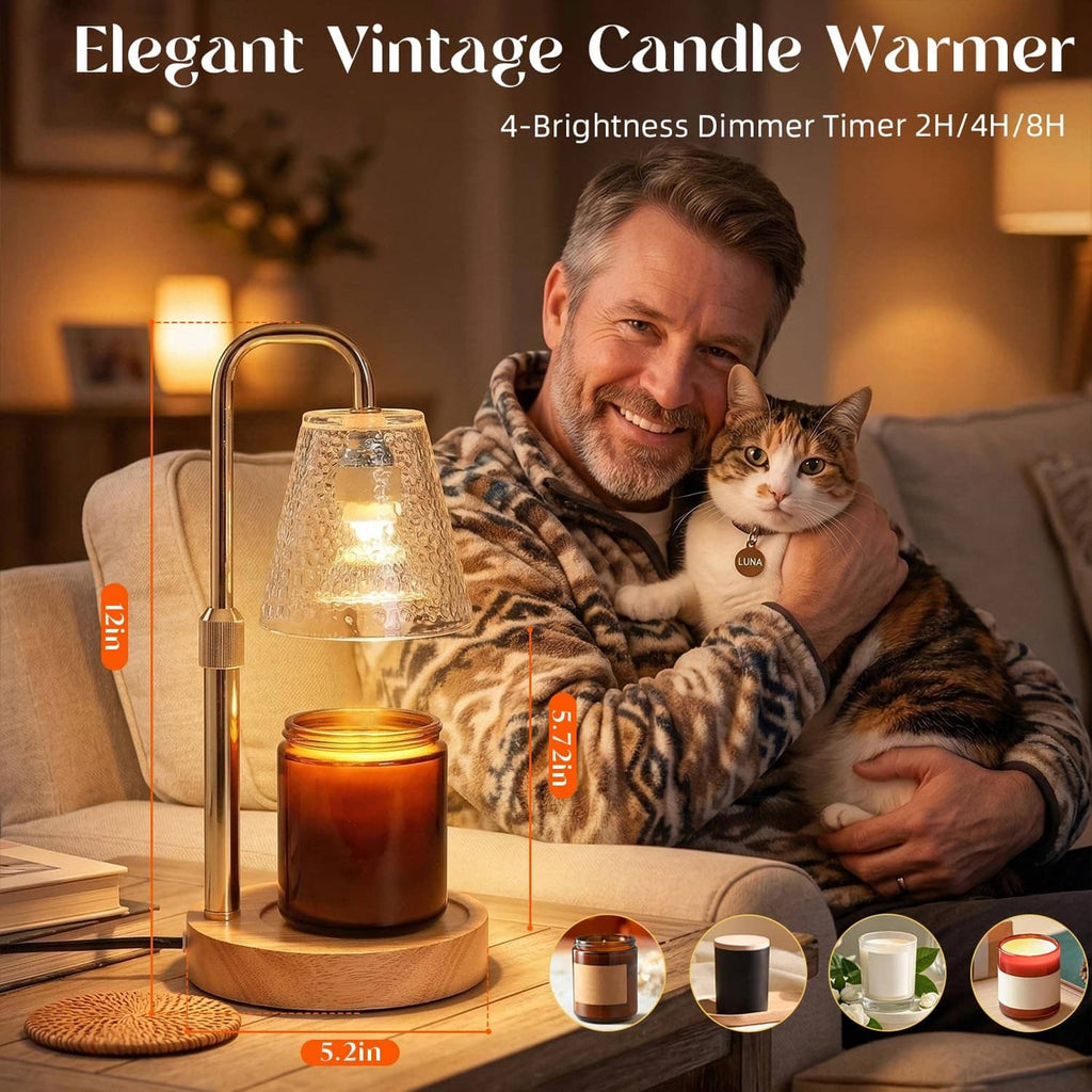 Candle warmer lamp with gold arch frame, clear glass shade, wooden base