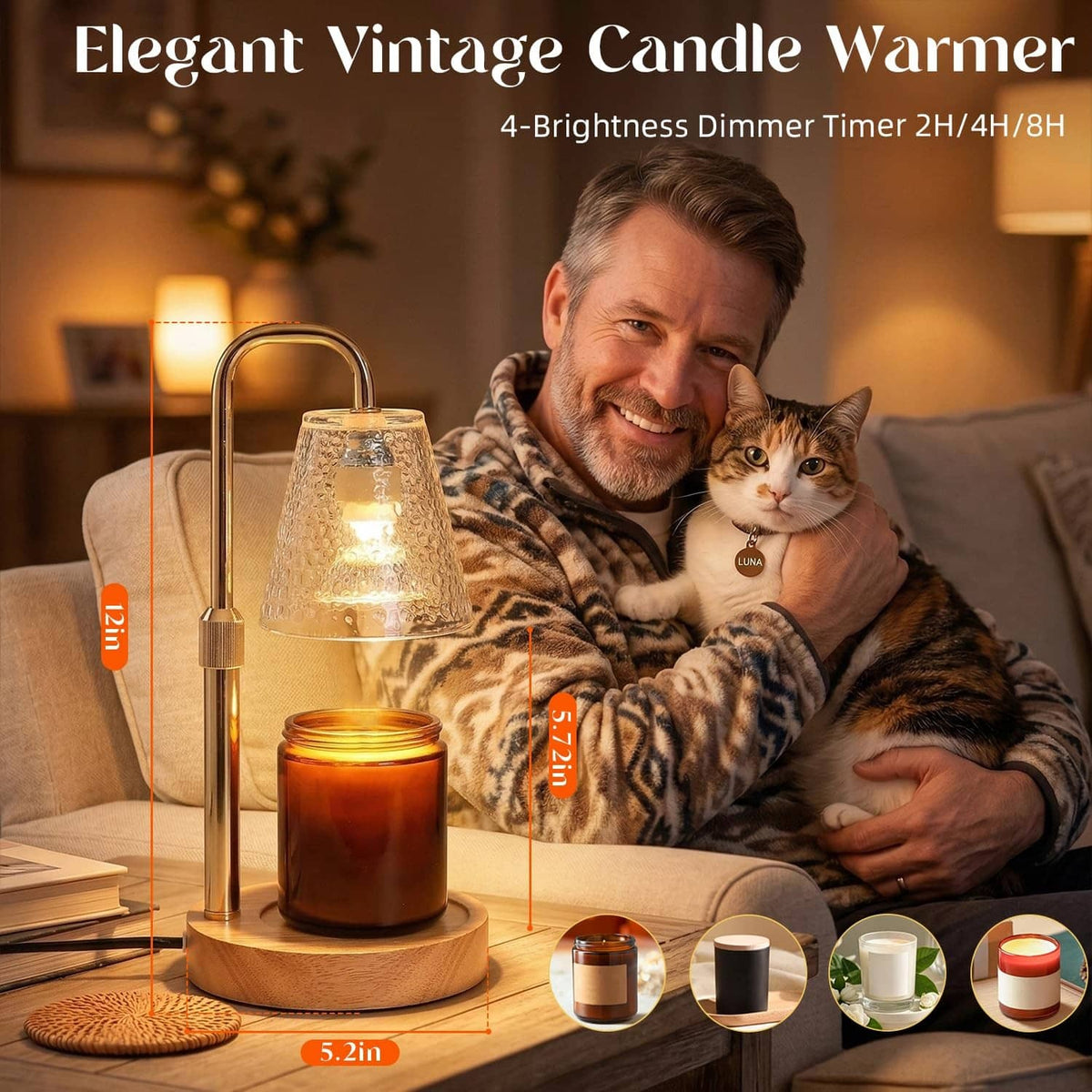 Candle warmer lamp with gold arch frame, clear glass shade, wooden base