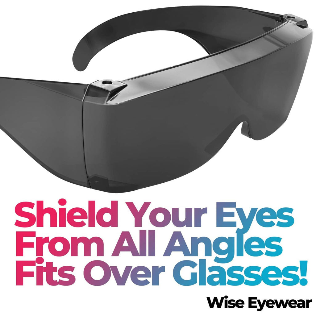 Black wrap-around sunglasses cover-up with dark tinted lens, side profile view.