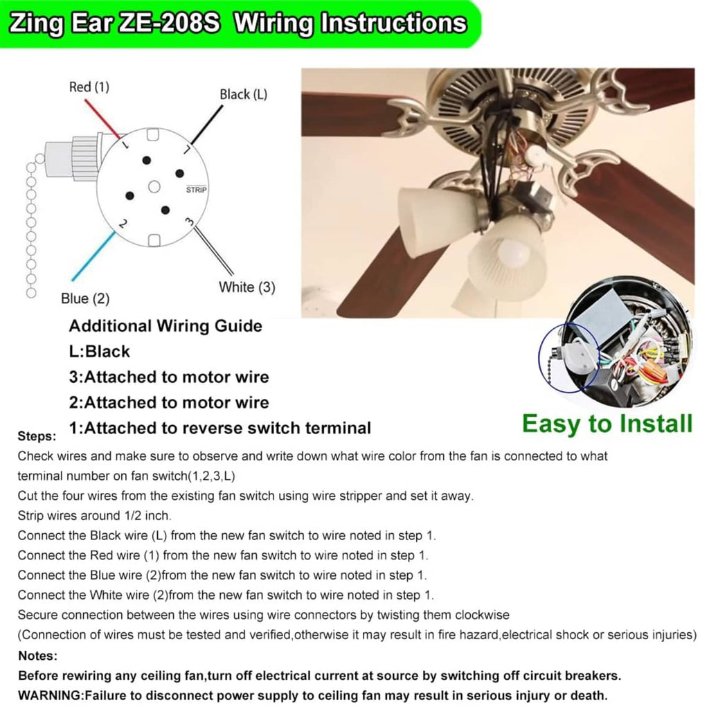 Ceiling fan pull-chain switch wiring instructions showing terminal connections for 4 wires