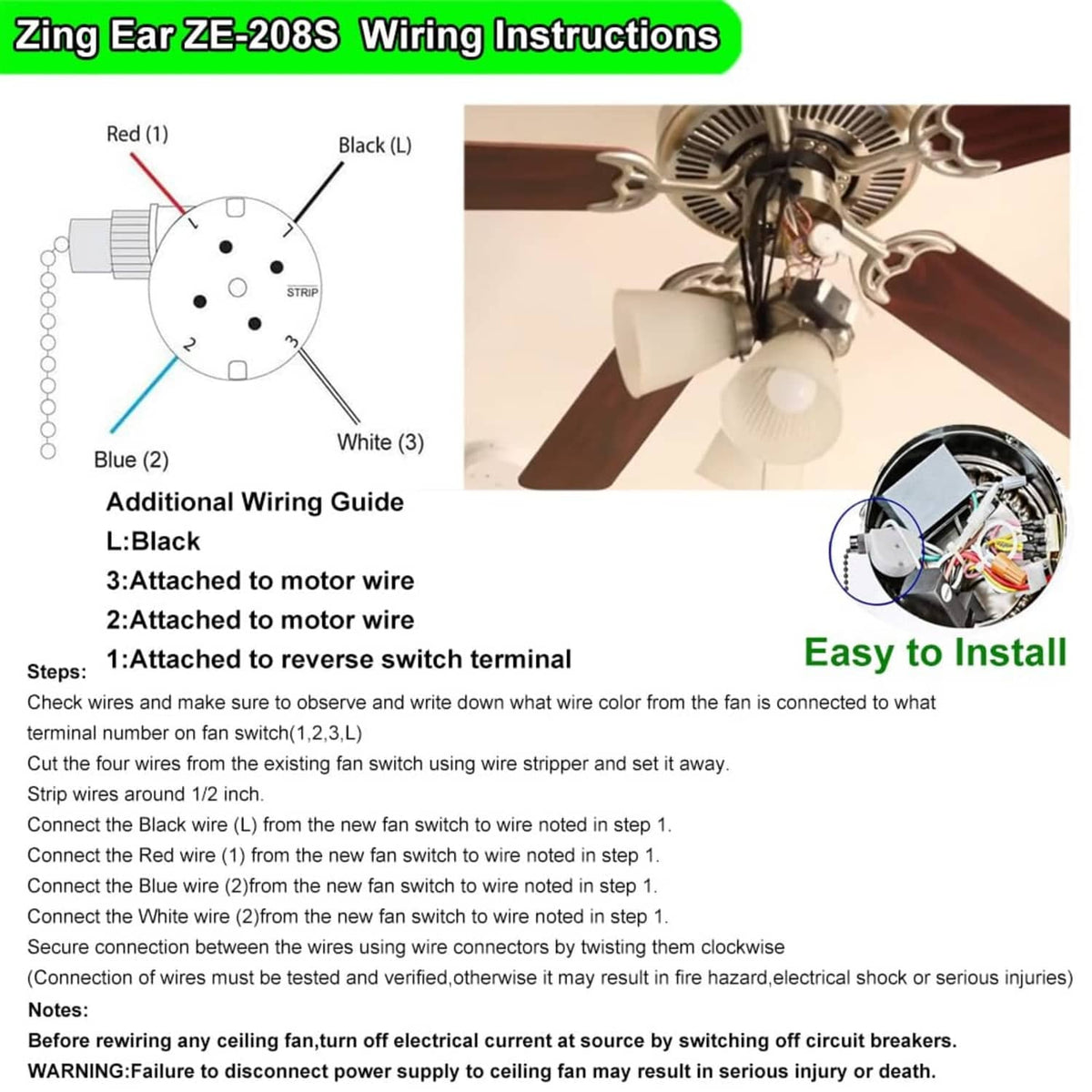 Ceiling fan pull-chain switch wiring instructions showing terminal connections for 4 wires