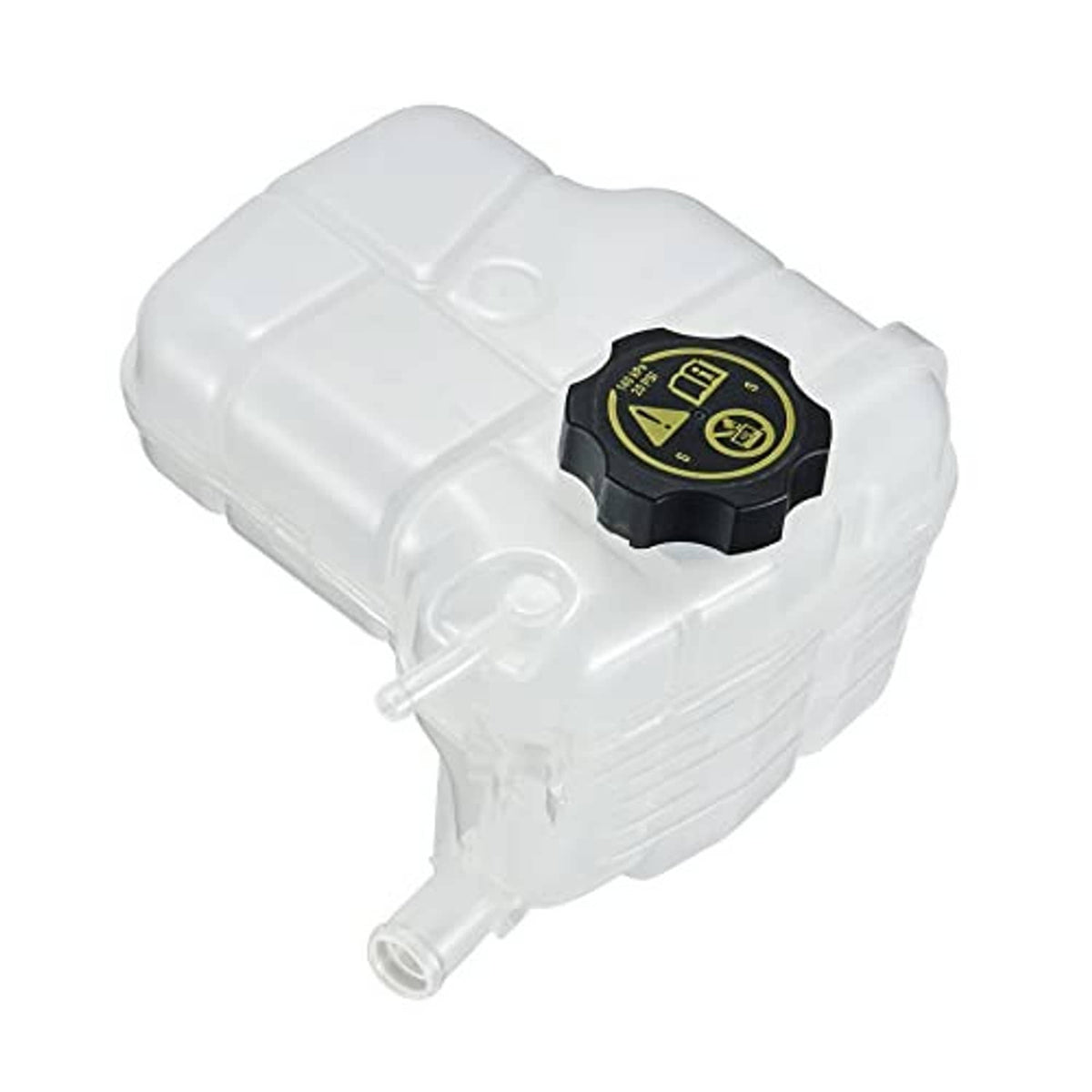 White coolant reservoir tank with black cap featuring yellow hazard symbols