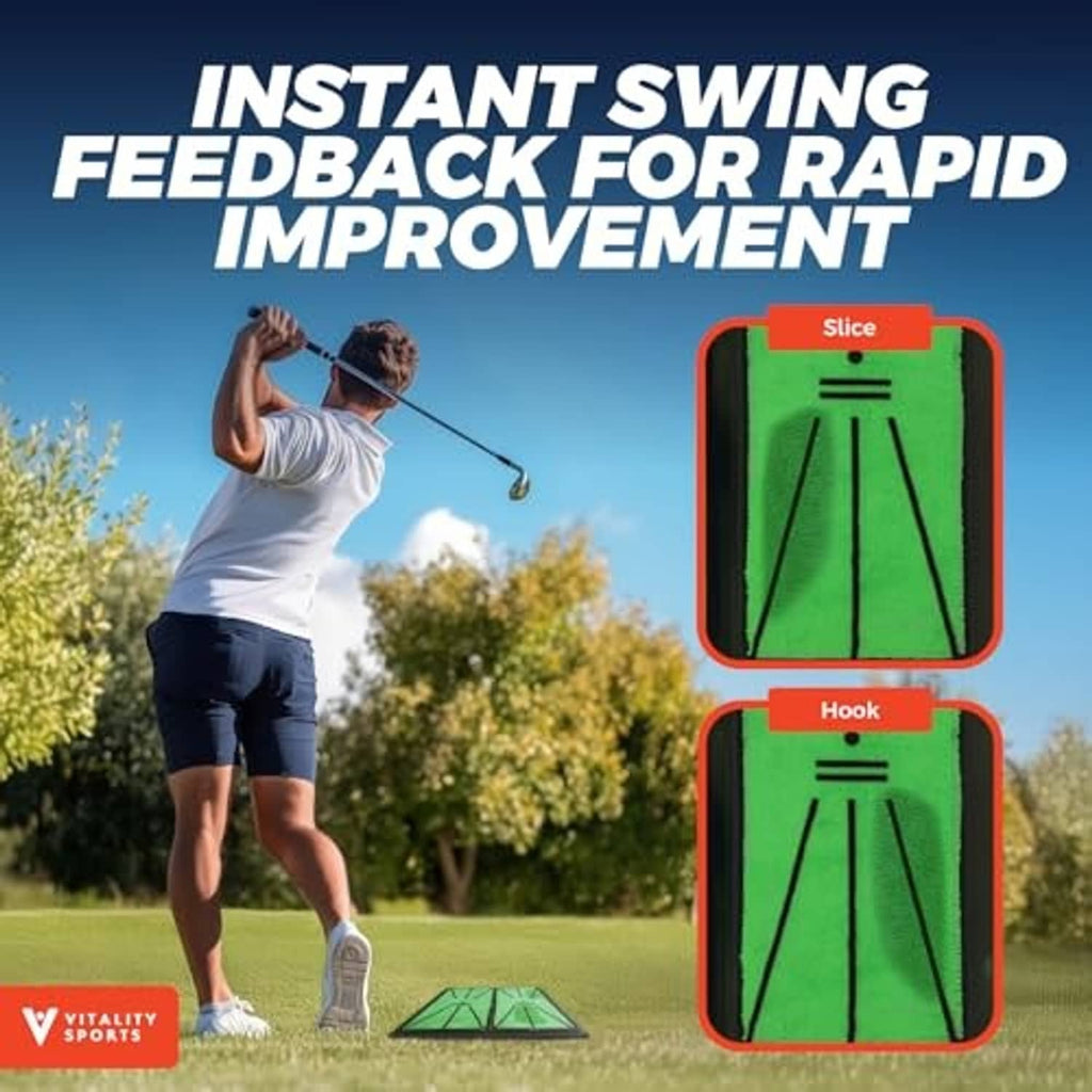 Green golf practice mat with swing target grid markers for rapid improvement drills