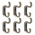 Set of six bronze zinc alloy wall hooks with double-prong S shape