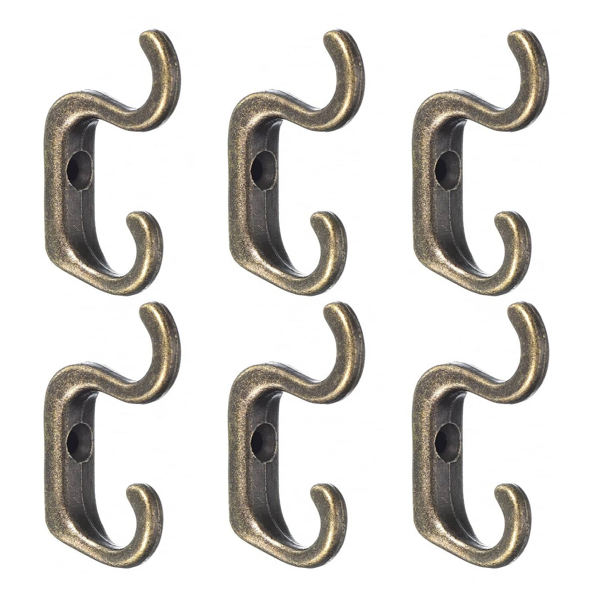 Set of six bronze zinc alloy wall hooks with double-prong S shape