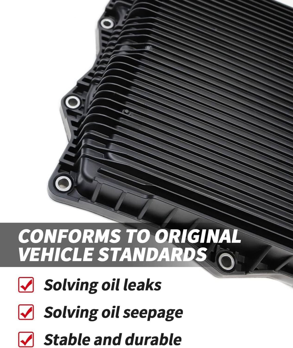 Black transmission oil pan with ribbed fins and corner mounting points