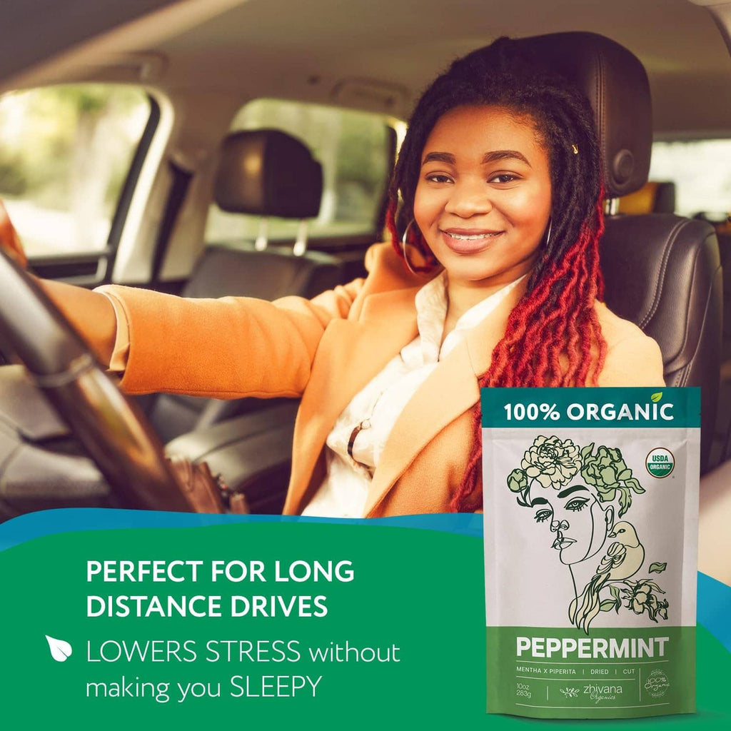 Organic peppermint tea pouch with stress-lowering benefits panel