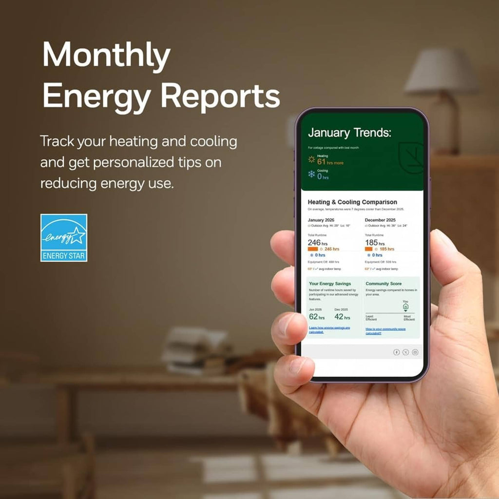 Smart thermostat monthly energy report on a smartphone screen