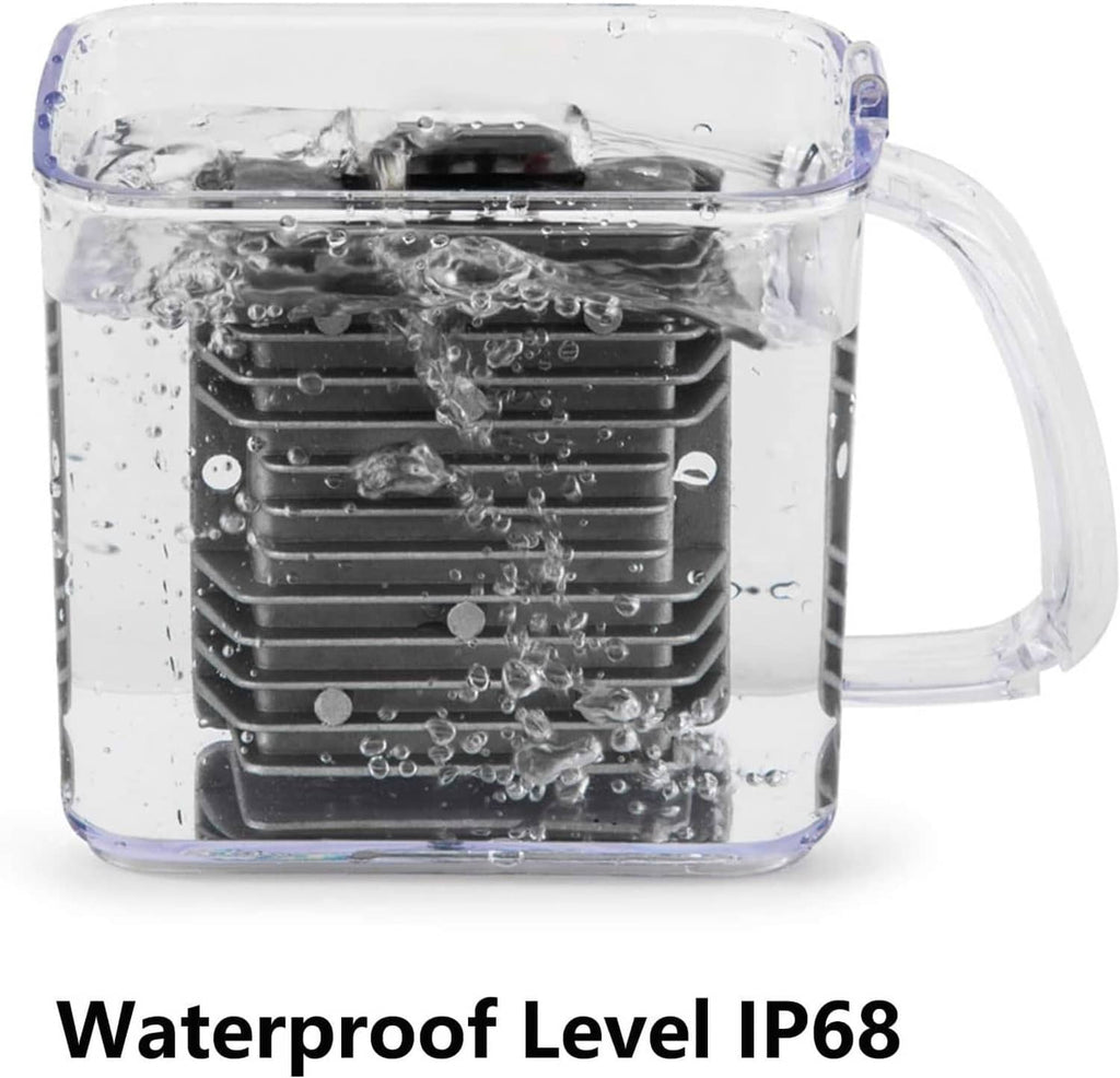 Waterproof DC-DC power converter module inside clear protective housing