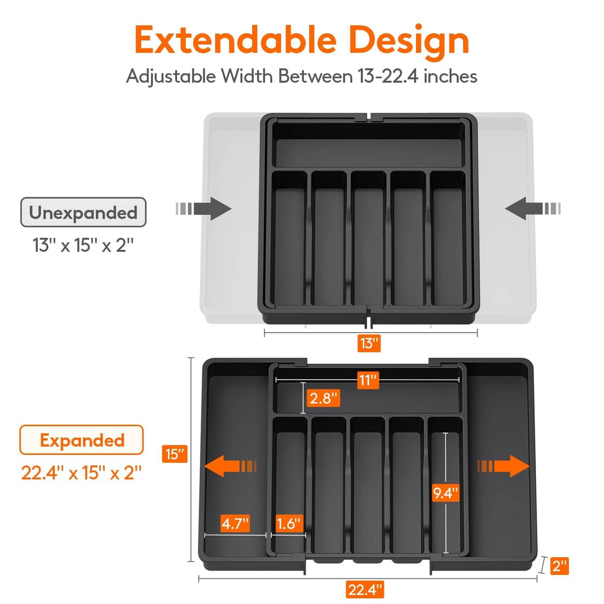 Expandable dark utensil drawer tray with adjustable width and grouped long dividers