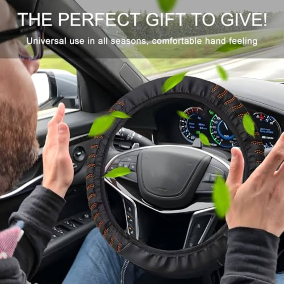 Black steering wheel cover with orange-stitched grip, comfortable fit for hands