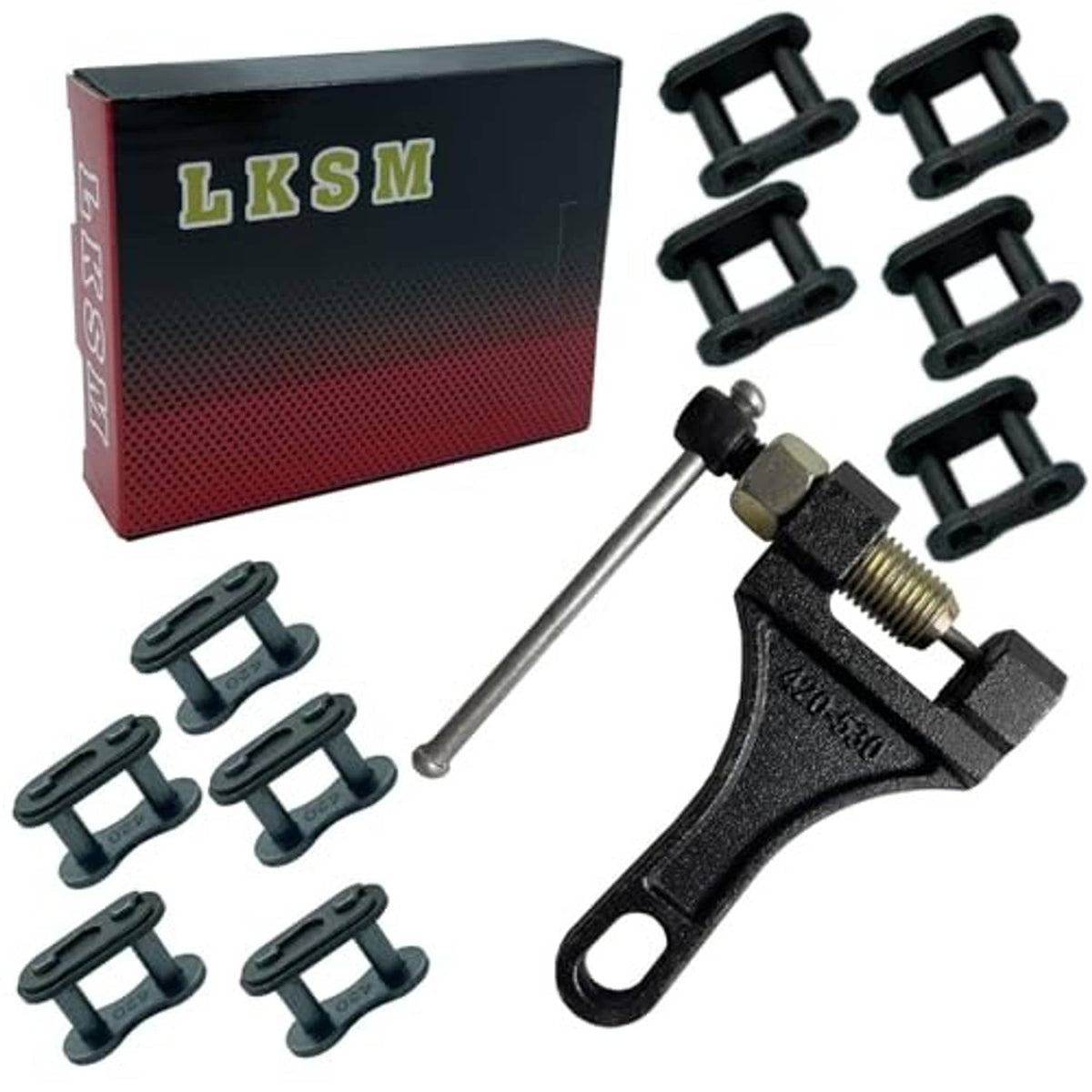Chain breaker tool with black frame, threaded screw, and multiple spare chain pins