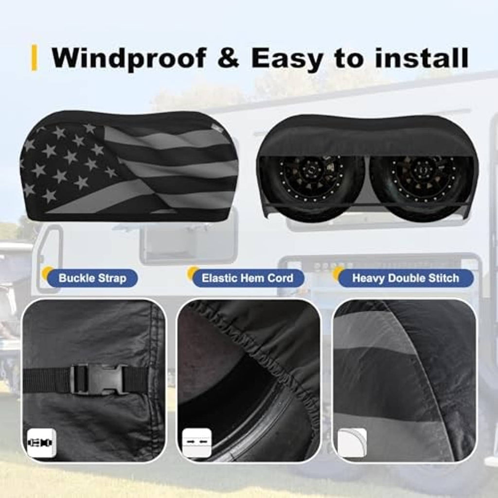 Windproof dual-axle tire cover with buckle strap, elastic hem cord, and double stitching