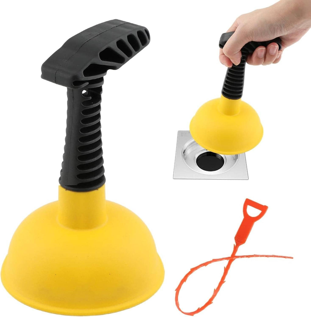 Mini sink plunger with yellow rubber cup and short black ridged handle