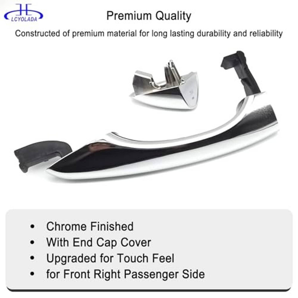 Chrome door handle with black end cap covers and metal latch bracket detail