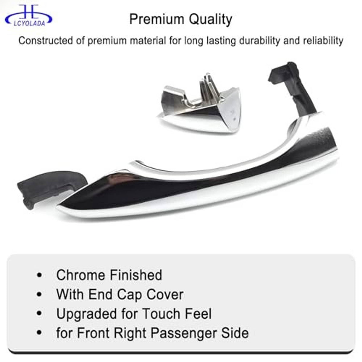 Chrome door handle with black end cap covers and metal latch bracket detail