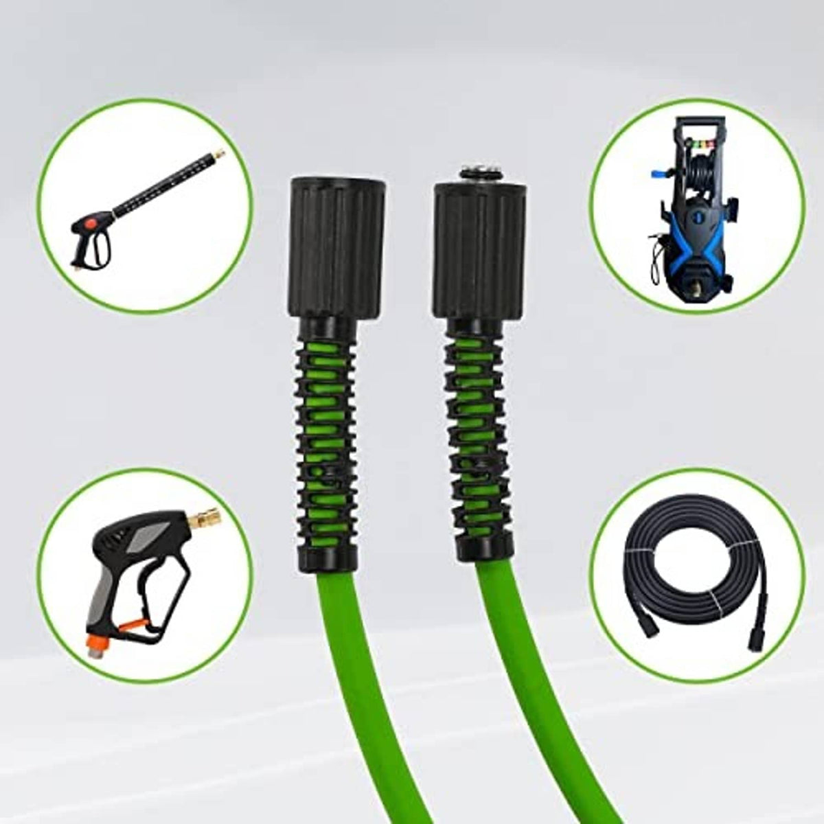 Green pressure washer hose with two black adapters and brass quick-connect ends