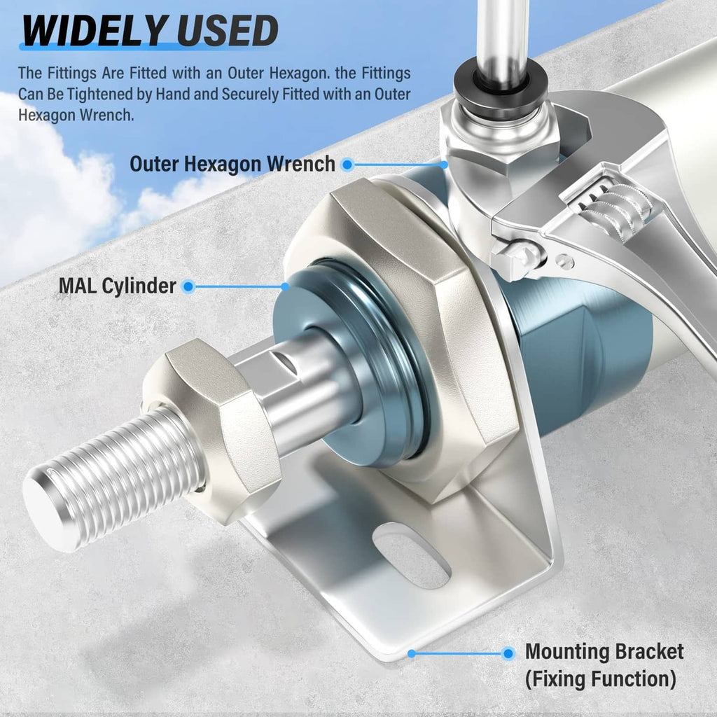 Silver male NPT fitting with outer hex wrench flats and mounting bracket