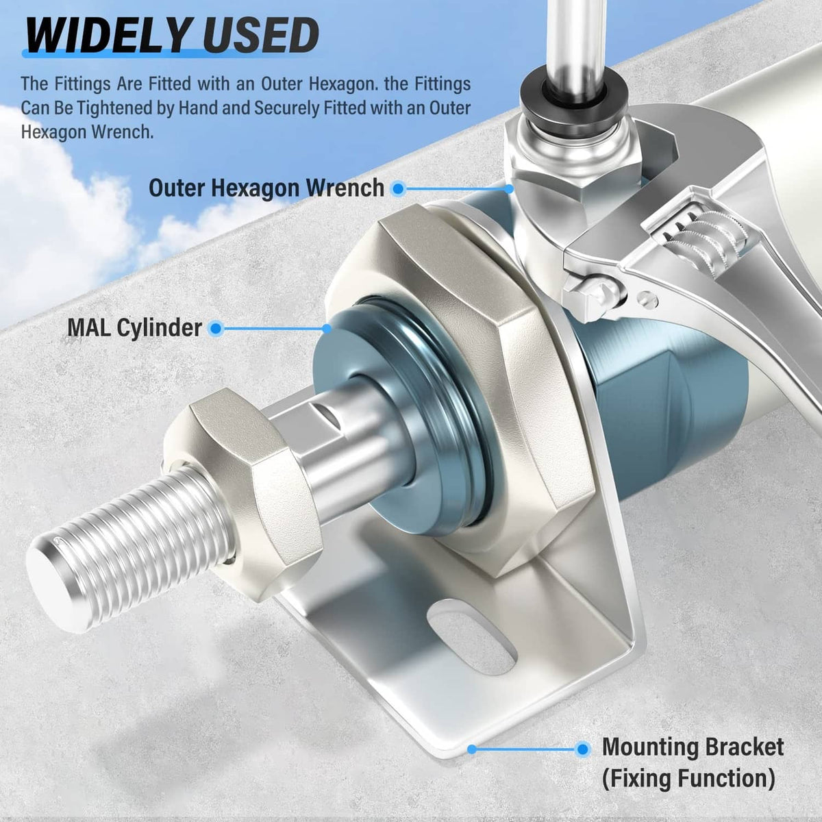 Silver male NPT fitting with outer hex wrench flats and mounting bracket