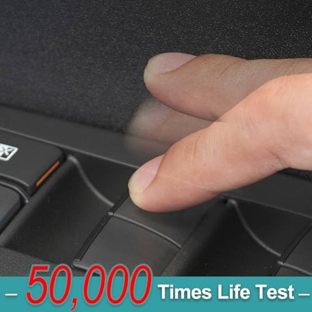 Hand pressing a black power window switch button on a car door panel